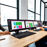 **

A brightly lit modern office space with diverse professionals collaborating seamlessly using digital tools like laptops, tablets, and large interactive screens. The scene should convey efficiency, productivity, and a positive work environment. Depict project management software on one screen and a video conference call on another. Focus on teamwork and the integration of technology in boosting workplace performance.

**