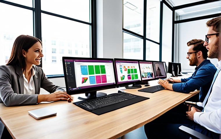 **

A brightly lit modern office space with diverse professionals collaborating seamlessly using digital tools like laptops, tablets, and large interactive screens. The scene should convey efficiency, productivity, and a positive work environment. Depict project management software on one screen and a video conference call on another. Focus on teamwork and the integration of technology in boosting workplace performance.

**