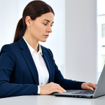 A professional businesswoman, in her mid-30s, wearing a modest business suit, is sitting at a clean, minimalist desk in a bright, modern office. She is looking intently at her laptop screen, with a calm and focused expression, reflecting efficiency and the ease of cloud-based work. The background is uncluttered, suggesting a paperless environment and absence of physical servers, conveying cost reduction and digital lightness. fully clothed, appropriate attire, modest clothing, perfect anatomy, correct proportions, natural pose, well-formed hands, proper finger count, natural body proportions, professional photography, high quality, safe for work, appropriate content, professional.