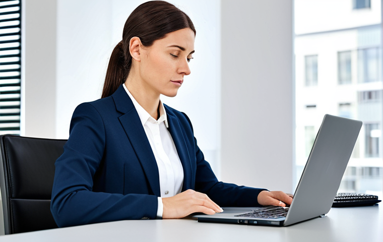 A professional businesswoman, in her mid-30s, wearing a modest business suit, is sitting at a clean, minimalist desk in a bright, modern office. She is looking intently at her laptop screen, with a calm and focused expression, reflecting efficiency and the ease of cloud-based work. The background is uncluttered, suggesting a paperless environment and absence of physical servers, conveying cost reduction and digital lightness. fully clothed, appropriate attire, modest clothing, perfect anatomy, correct proportions, natural pose, well-formed hands, proper finger count, natural body proportions, professional photography, high quality, safe for work, appropriate content, professional.