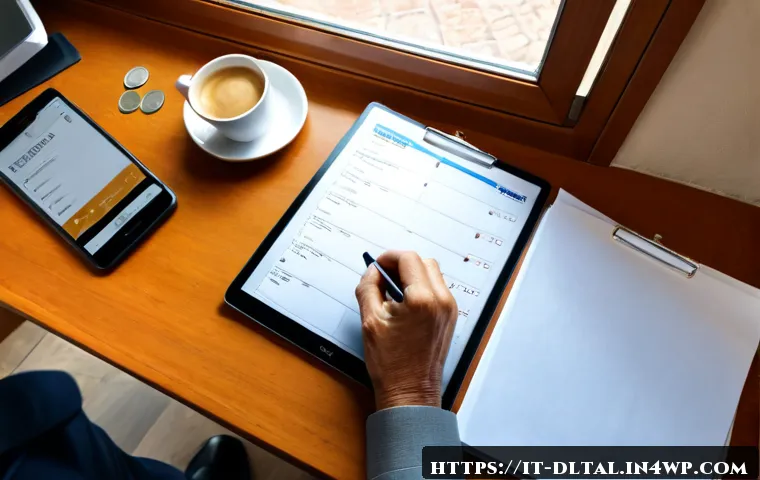 Home 16 디지털 도구 선택을 위한 체크리스트 - Photorealistic overhead view of an Italian home office desk, a middle-aged person comparing a smartp...